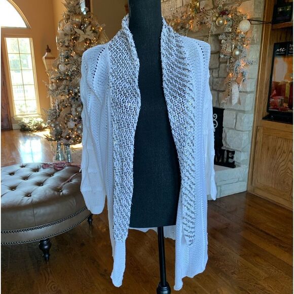 White Open Crocheted Beads Cardigan Sweater - Picture 2 of 15